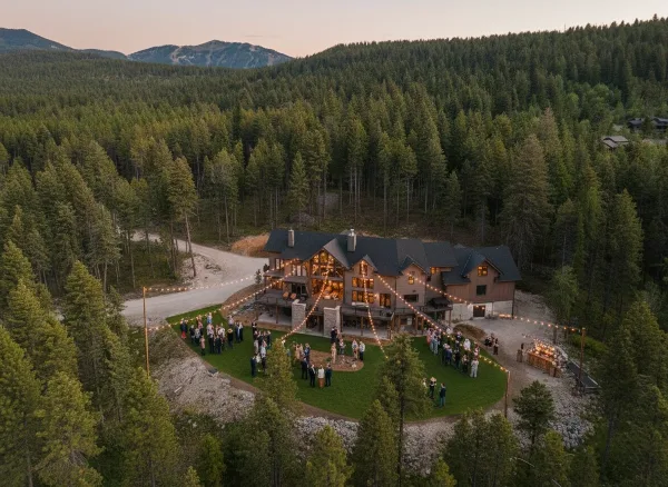 Aerial view of a large mountain lodge at dusk with a wedding ceremony taking place on the lawn surrounded by string lights and forest.
