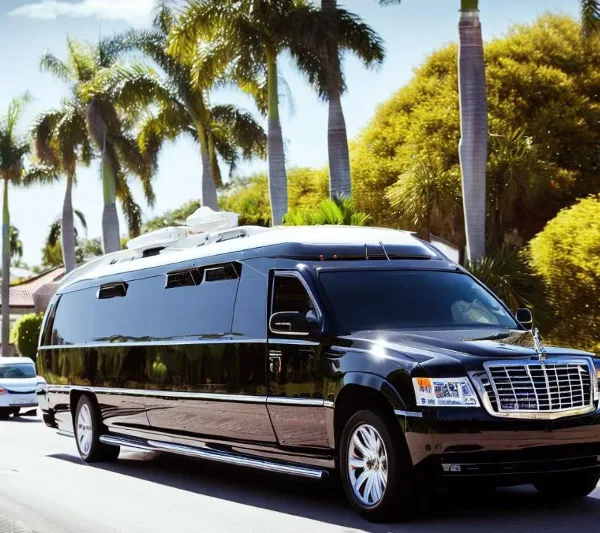 A black stretch limousine parked on a street with palm trees in the background.
