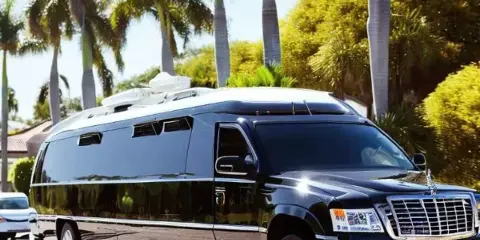 A black stretch limousine parked on a street with palm trees in the background.