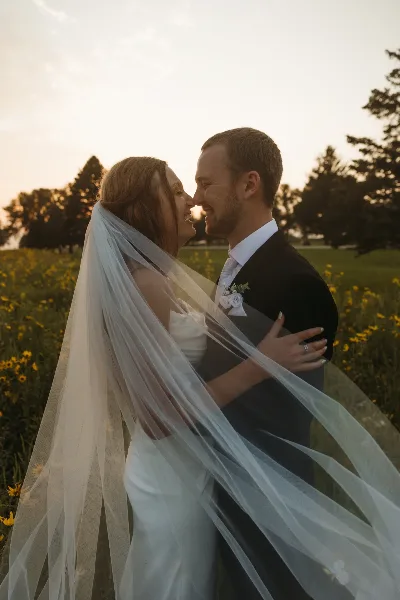 A bride and groom sharing a moment in a field of yellow flowers at sunset, with the bride's veil blowing in the wind.