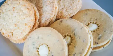 A close-up photograph of a white plate holding several round, baked cookies, some with a white cream filling in the center.