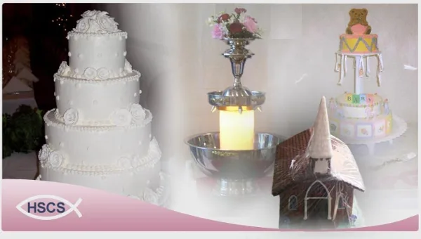 A collage featuring a white three-tiered wedding cake, a chocolate fountain, and a colorful children's cake.