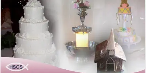 A collage featuring a white three-tiered wedding cake, a chocolate fountain, and a colorful children's cake.
