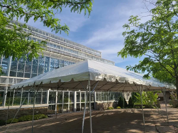 A large white frame tent set up outdoors on a paved patio area in front of a glass-walled building.