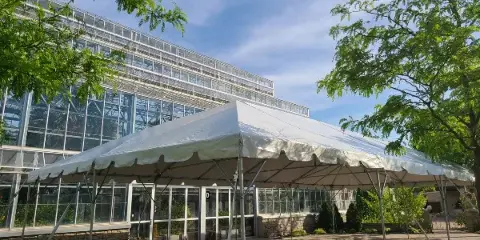 A large white frame tent set up outdoors on a paved patio area in front of a glass-walled building.