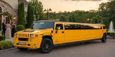 A yellow Hummer H2 stretch limousine parked in front of a wedding venue with a bride and groom standing nearby.