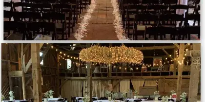 Interior of a rustic barn venue decorated with white drapery, string lights, and a large chandelier, set up with rows of chairs for a ceremony and round tables for a reception.