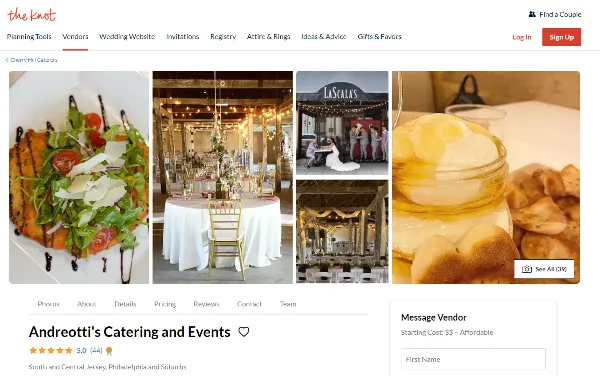 A collage of wedding catering food and event venue setups