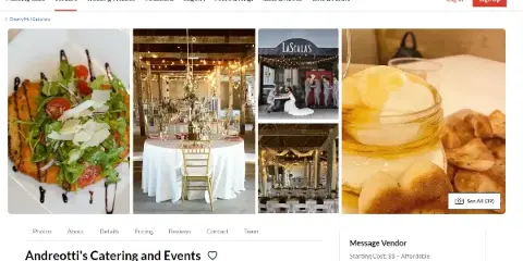 A collage of wedding catering food and event venue setups