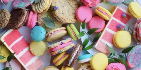 A colorful overhead arrangement of assorted baked goods including macarons, cookies, cupcakes, and slices of pink layer cake.