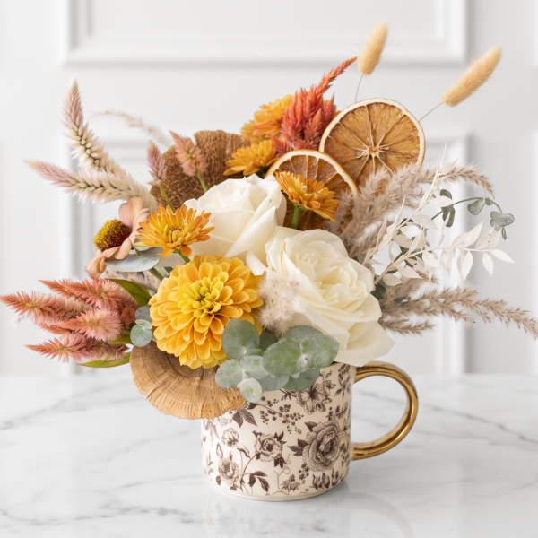 A floral arrangement featuring white roses, yellow dahlias, and dried grasses in a floral-patterned mug with a gold handle.