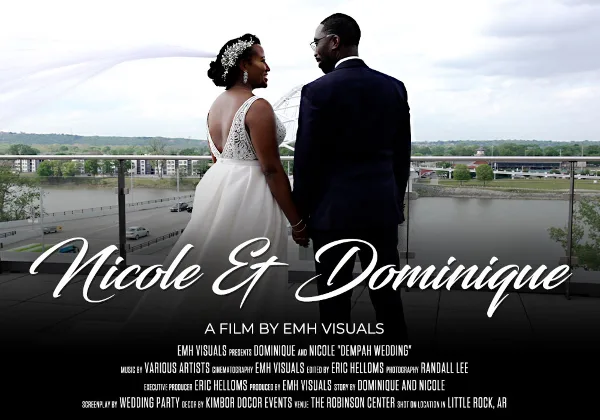 A wedding couple standing on a balcony overlooking a river, with a title card reading 'Nicole Et Dominique' and 'A Film by EMH Visuals'.