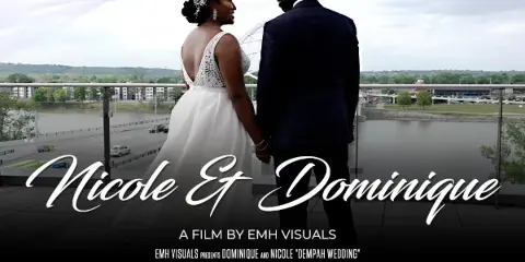 A wedding couple standing on a balcony overlooking a river, with a title card reading 'Nicole Et Dominique' and 'A Film by EMH Visuals'.