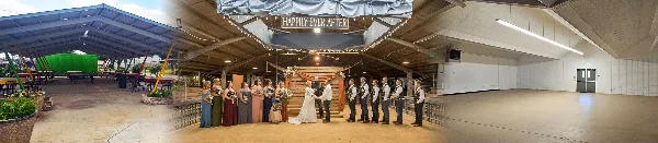 A wedding ceremony in progress inside a large, covered event hall with a stage and seating.