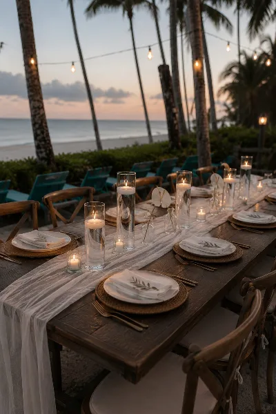 A long wooden table set for a wedding with white linens, charger plates, and LED candles in glass cylinders, situated outdoors near a beach.