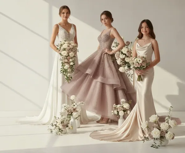 Three models wearing elegant wedding and formal gowns holding floral bouquets in a studio setting.