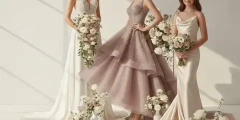 Three models wearing elegant wedding and formal gowns holding floral bouquets in a studio setting.