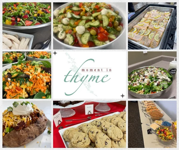 A collage of catering food items including salads, salmon, baked potatoes, and cookies.