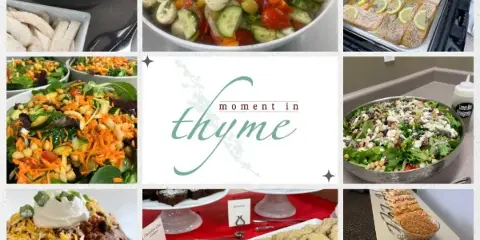 A collage of catering food items including salads, salmon, baked potatoes, and cookies.