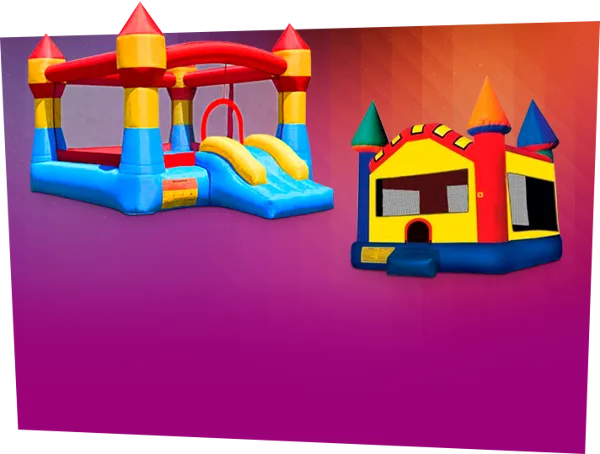 Colorful inflatable bounce houses and slides on a purple background