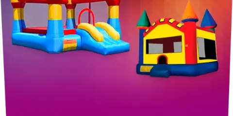Colorful inflatable bounce houses and slides on a purple background