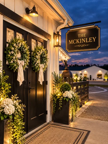Exterior view of The McKinley wedding venue entrance at dusk, featuring a black door with floral wreaths and a hanging sign.