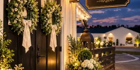Exterior view of The McKinley wedding venue entrance at dusk, featuring a black door with floral wreaths and a hanging sign.