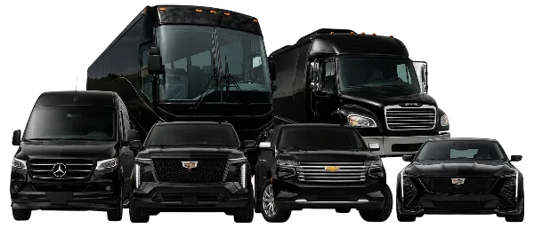 A lineup of black luxury vehicles including a Mercedes Sprinter van, SUVs, and a charter bus.