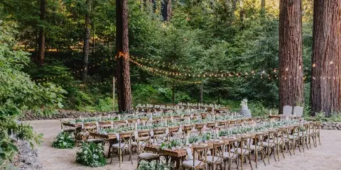 An outdoor wedding reception setup featuring long wooden tables, white chairs, floral arrangements, and string lights in a forest clearing.