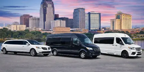 A lineup of chauffeured vehicles including a white stretch limousine and two Mercedes Sprinter vans parked in front of a city skyline.