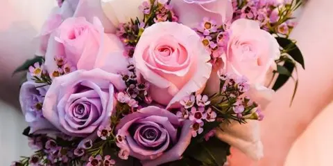 A hand holding a bridal bouquet of pink, white, and lavender roses with small purple filler flowers.