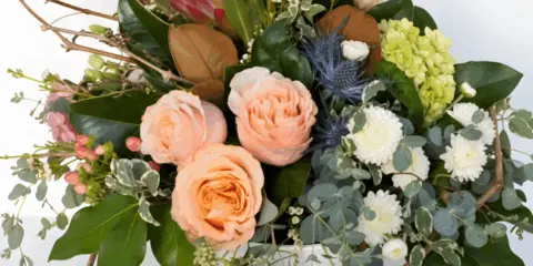 A mixed floral arrangement featuring peach roses, white chrysanthemums, green hydrangea, and eucalyptus foliage in a round container.