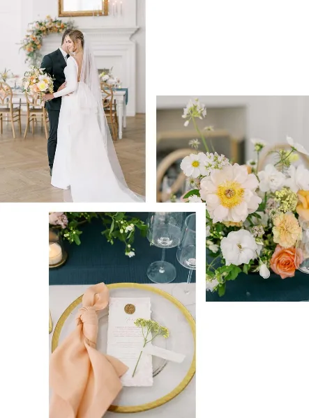 A collage of wedding photos featuring a bride and groom, floral centerpieces, and a detailed table setting.