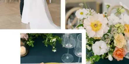 A collage of wedding photos featuring a bride and groom, floral centerpieces, and a detailed table setting.