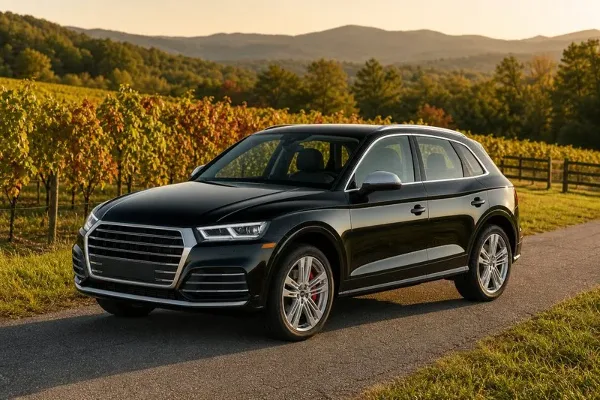 A black Audi Q5 SUV parked on a gravel road with a vineyard and mountains in the background.