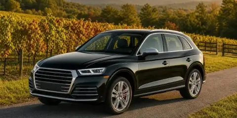 A black Audi Q5 SUV parked on a gravel road with a vineyard and mountains in the background.