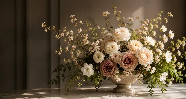 A lush floral arrangement featuring cream and blush roses, white ranunculus, and delicate greenery in a stone pedestal vase.