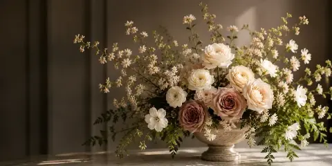 A lush floral arrangement featuring cream and blush roses, white ranunculus, and delicate greenery in a stone pedestal vase.