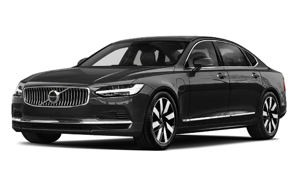 A black Volvo S90 luxury sedan shown in a three-quarter profile view.