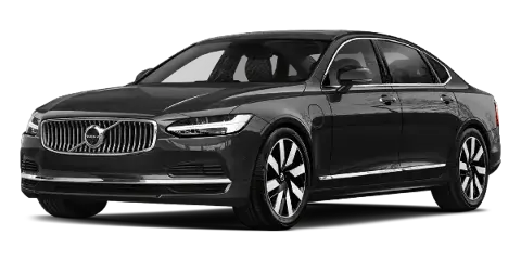 A black Volvo S90 luxury sedan shown in a three-quarter profile view.