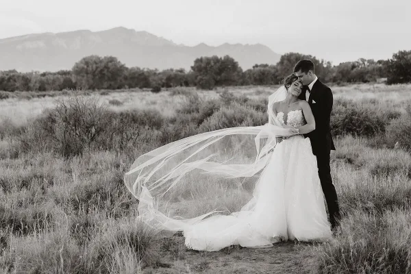 A black and white photograph of a bride and groom embracing in a grassy field with mountains in the background.