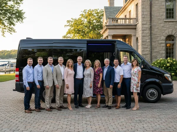 A group of people posing in front of a black luxury shuttle van at an outdoor venue.