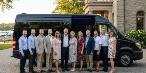 A group of people posing in front of a black luxury shuttle van at an outdoor venue.