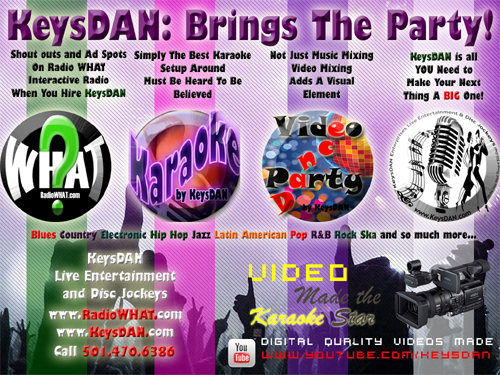 Promotional graphic for KeysDAN Enterprises featuring logos for Radio WHAT, Karaoke, Video Party, and a microphone, with text highlighting their DJ, karaoke, and video dance party services.