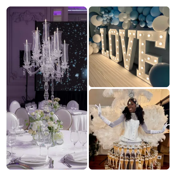 Collage of event rentals including a crystal candelabra on a set table, illuminated LOVE marquee letters with balloons, and a champagne tower display.