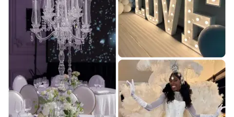 Collage of event rentals including a crystal candelabra on a set table, illuminated LOVE marquee letters with balloons, and a champagne tower display.