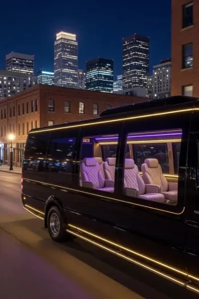 Black party bus with illuminated interior seating and exterior LED lighting parked on a city street at night
