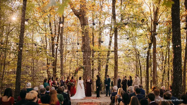 A wedding ceremony in progress in a forest clearing with string lights and an arch.