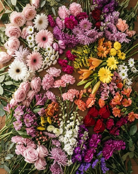 A large, colorful floral arrangement featuring roses, lilies, and various seasonal blooms.