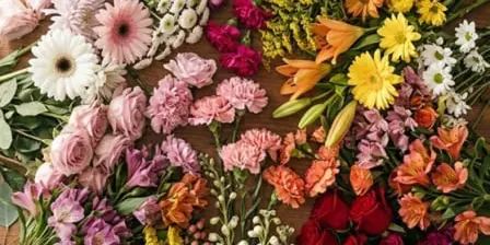 A large, colorful floral arrangement featuring roses, lilies, and various seasonal blooms.